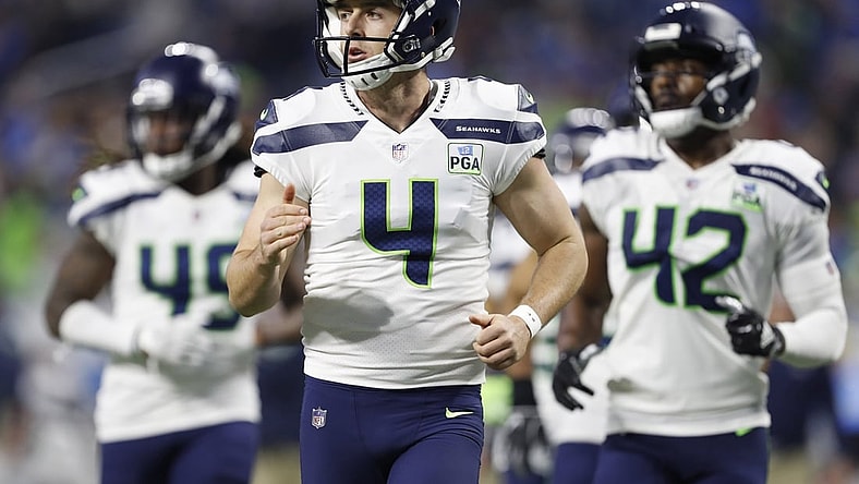 Oct 28, 2018; Detroit, MI, USA; Seattle Seahawks punter Michael Dickson (4) jogs onto the field during the fourth quarter against the Detroit Lions at Ford Field. Mandatory Credit: Raj Mehta-USA TODAY Sports