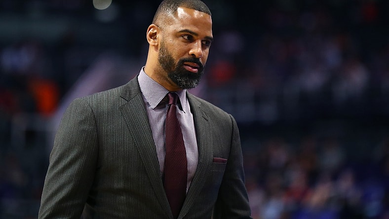 Oct 31, 2018; Phoenix, AZ, USA; San Antonio Spurs assistant coach Ime Udoka against the Phoenix Suns at Talking Stick Resort Arena. Mandatory Credit: Mark J. Rebilas-USA TODAY Sports