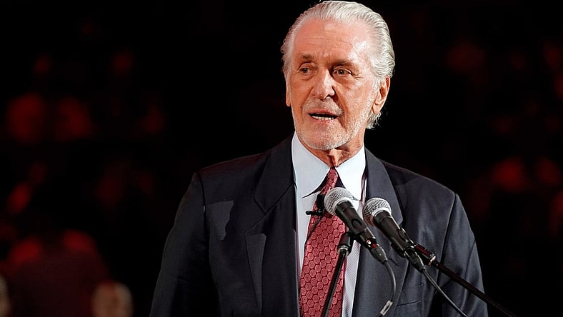 Mar 26, 2019; Miami, FL, USA; Miami Heat president Pat Riley speaks during the jersey retirement of former player Chris Bosh during halftime of the game between the Miami Heat and the Orlando Magic at American Airlines Arena. Mandatory Credit: Jasen Vinlove-USA TODAY Sports