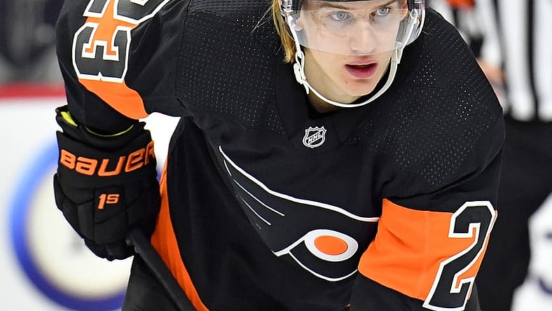 Mar 31, 2019; Philadelphia, PA, USA; Philadelphia Flyers left wing Oskar Lindblom (23) against the New York Rangers during the second period at Wells Fargo Center. Mandatory Credit: Eric Hartline-USA TODAY Sports