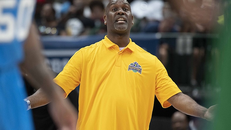 Aug 17, 2019; Dallas, TX, USA; 3 Headed Monsters head coach Gary Payton during the game at the American Airlines Center. Mandatory Credit: Jerome Miron-USA TODAY Sports