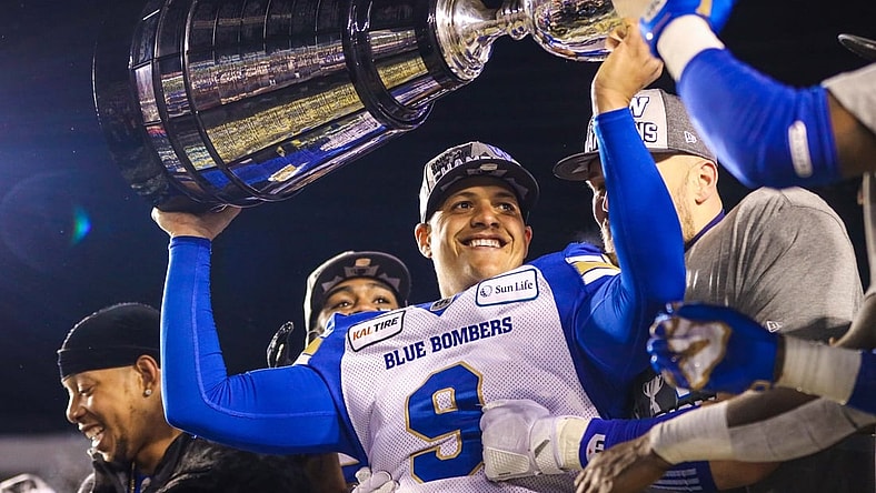 Nov 24, 2019; Calgary, Alberta, CAN; Winnipeg Blue Bombers kicker Justin Medlock (9) celebrates win over Hamilton Tiger-Cats during the 107th Grey Cup championship football game at McMahon Stadium. Mandatory Credit: Sergei Belski-USA TODAY Sports