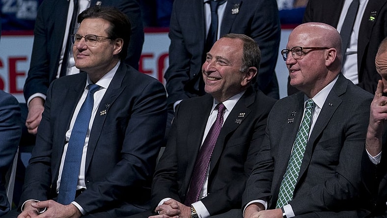 Feb 12, 2020; Vancouver, British Columbia, CAN; Gary Bettman commissioner of the National Hockey League with a smile during the Sedin's retirement ceremony prior to a game between the Vancouver Canucks and Chicago Blackhawks. Mandatory Credit: Bob Frid-USA TODAY Sports