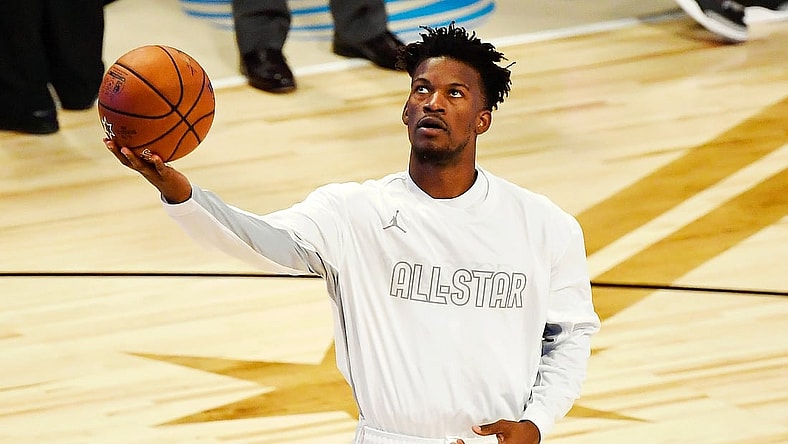Feb 16, 2020; Chicago, Illinois, USA; Team Giannis forward Jimmy Butler of the Miami Heat warms up before the 2020 NBA All Star Game at United Center. Mandatory Credit: Quinn Harris-USA TODAY Sports