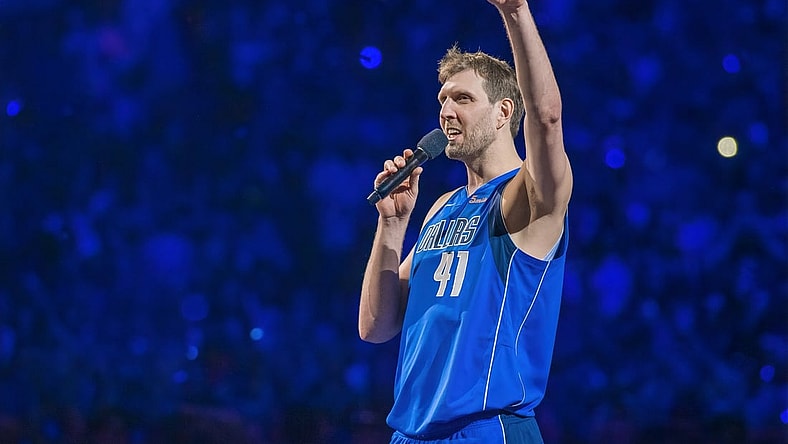 Apr 9, 2019; Dallas, TX, USA; Dallas Mavericks forward Dirk Nowitzki (41) waves goodbye to the Mavericks fans after the game against the Phoenix Suns at the American Airlines Center. Mandatory Credit: Jerome Miron-USA TODAY Sports