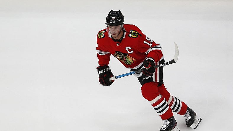 Aug 16, 2020; Edmonton, Alberta, CAN; Chicago Blackhawks center Jonathan Toews skates before game four of the first round of the 2020 Stanley Cup Playoffs against the Vegas Golden Knights at Rogers Place. Mandatory Credit: Perry Nelson-USA TODAY Sports