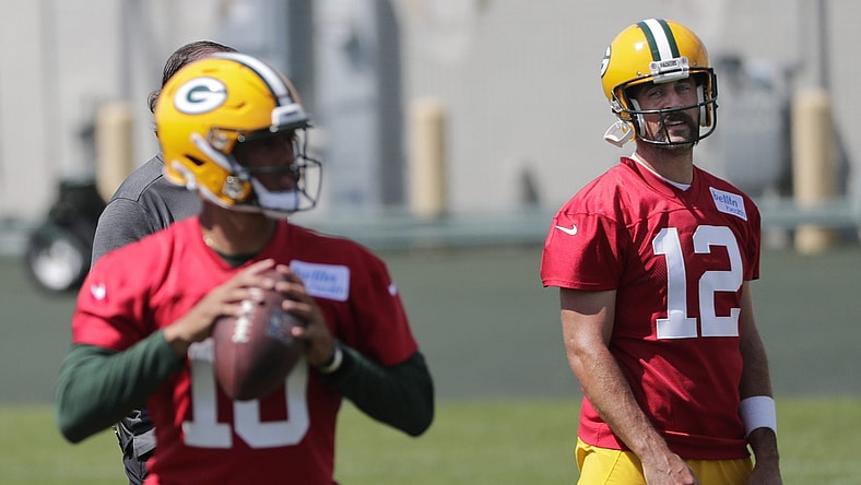 Green Bay Packers quarterback Aaron Rodgers (12) and quarterback Jordan Love (10) are shown Monday, August 17, 2020, during training camp in Green Bay, Wis.Apc Packerstrainingcamp 0817201049