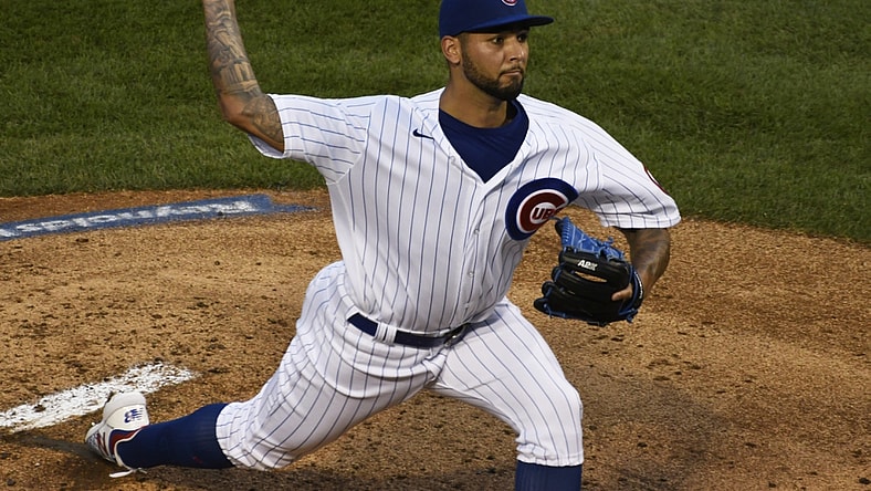 Aug 17, 2020; Chicago, Illinois, USA; Chicago Cubs starting pitcher Tyson Miller (72) throws the ball against the St. Louis Cardinals during the first inning at Wrigley Field. Mandatory Credit: David Banks-USA TODAY Sports