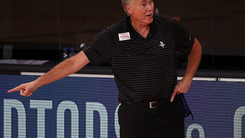 Sep 2, 2020; Lake Buena Vista, Florida, USA; Houston Rockets head coach Mike D'Antoni reacts during the first half of game seven of the first round of the 2020 NBA Playoffs against the Oklahoma City Thunder at ESPN Wide World of Sports Complex. Mandatory Credit: Kim Klement-USA TODAY Sports