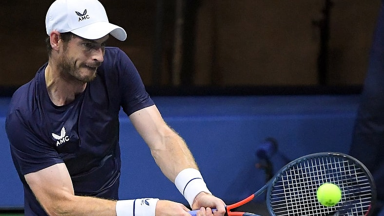Sep 3, 2020; Flushing Meadows, New York, USA; Andy Murray of Great Britain hits the ball against Felix Auger-Aliassime of Canada on day four of the 2020 U.S. Open tennis tournament at USTA Billie Jean King National Tennis Center. Mandatory Credit: Robert Deutsch-USA TODAY Sports