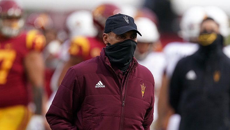 Nov 7, 2020;  Los Angeles CA, USA; Arizona State Sun Devils head coach Herm Edwards walks off the field after the game against the Southern California Trojans  at the Los Angeles Memorial Coliseum. USC defeated Arizona State 28-27.  Mandatory Credit: Kirby Lee-USA TODAY Sports