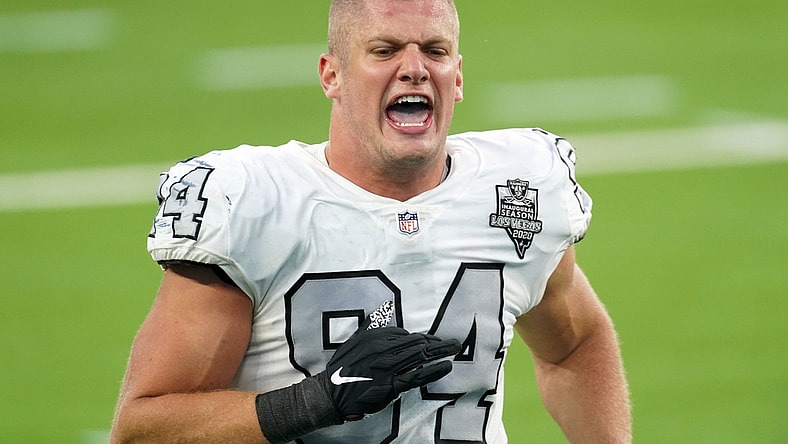 Nov 8, 2020; Inglewood, California, USA; Las Vegas Raiders defensive end Carl Nassib (94) celebrates at the end of the game against the Los Angeles Chargers at SoFi Stadium. The Raiders defeated the Chargers 31-26.  Mandatory Credit: Kirby Lee-USA TODAY Sports