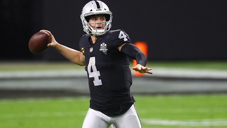 Dec 26, 2020; Paradise, Nevada, USA; Las Vegas Raiders quarterback Derek Carr (4) against the Miami Dolphins at Allegiant Stadium. Mandatory Credit: Mark J. Rebilas-USA TODAY Sports