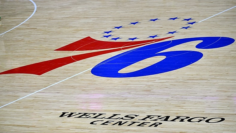 Jan 22, 2021; Philadelphia, Pennsylvania, USA; Philadelphia 76ers logo on the court against the Boston Celtics at Wells Fargo Center. Mandatory Credit: Eric Hartline-USA TODAY Sports