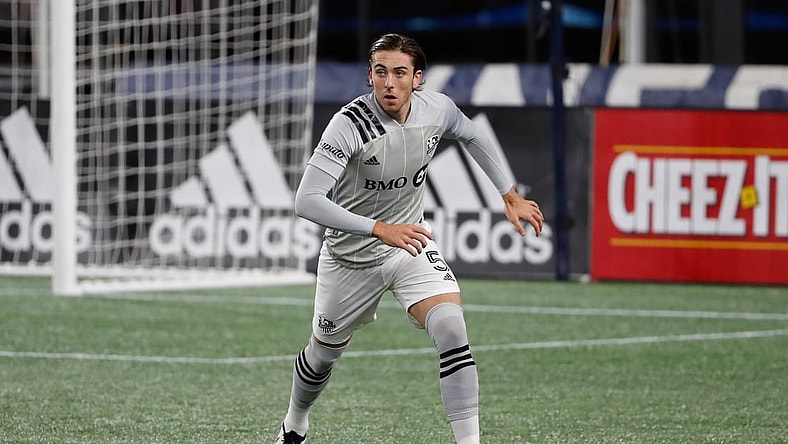 Nov 20, 2020; Foxborough, Massachusetts, USA; Montreal Impact defender Luis Binks (5) during the first half against the New England Revolution at Gillette Stadium. Mandatory Credit: Winslow Townson-USA TODAY Sports