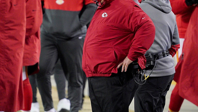 Jan 24, 2021; Kansas City, Missouri, USA; Kansas City Chiefs head coach Andy Reid on the sidelines in the AFC Championship Game against the Buffalo Bills at Arrowhead Stadium. Mandatory Credit: Denny Medley-USA TODAY Sports
