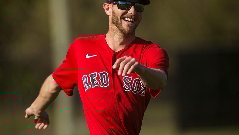 Chris Sale, a pitcher for the Boston Red Sox baseball team warms up during the first day Spring Training for the full squad at Jet Blue Park in Fort Myers on Monday, February 22, 2021. He is recovering from Tommy John surgery and is it is uncertain when he is returning.
Salesmiling