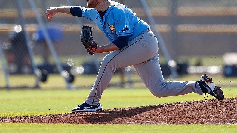 Feb 24, 2021; Port Charlotte, Florida, USA; Tampa Bay Rays pitcher Tyler Zombro (39) pitches a simulated inning during spring training at Charlotte Sports Park Mandatory Credit: Nathan Ray Seebeck-USA TODAY Sports