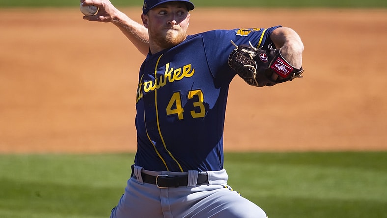 Mar 3, 2021; Peoria, Arizona, USA; Milwaukee Brewers pitcher Drew Rasmussen against the San Diego Padres during a Spring Training game at Peoria Sports Complex. Mandatory Credit: Mark J. Rebilas-USA TODAY Sports