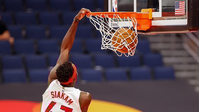 Apr 26, 2021; Tampa, Florida, USA; Toronto Raptors forward Pascal Siakam (43) dunks the ball during the third quarter against the Cleveland Cavaliers at Amalie Arena. Mandatory Credit: Nathan Ray Seebeck-USA TODAY Sports