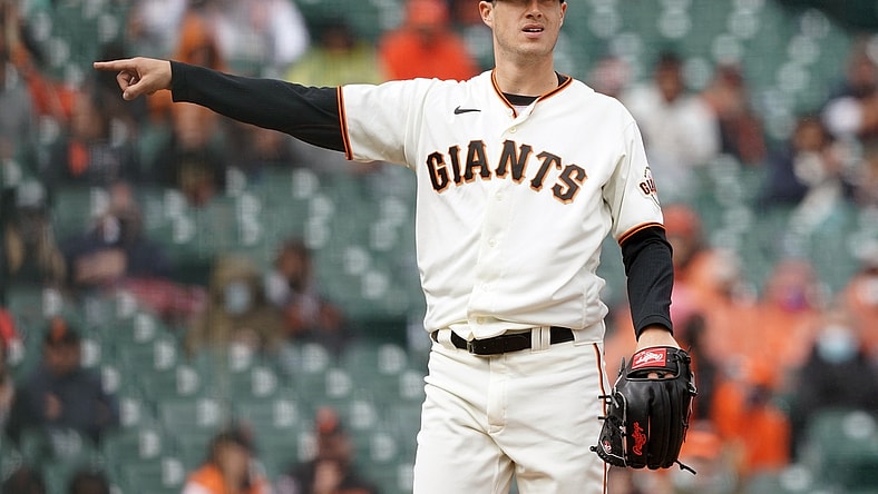 Apr 25, 2021; San Francisco, California, USA; San Francisco Giants relief pitcher Matt Wisler (37) gestures during the eighth inning against the Miami Marlins at Oracle Park. Mandatory Credit: Darren Yamashita-USA TODAY Sports
