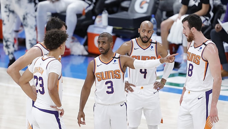 May 2, 2021; Oklahoma City, Oklahoma, USA; Phoenix Suns guard Chris Paul (3) talks to his team during a time out against the Oklahoma City Thunder in the second quarter at Chesapeake Energy Arena. Mandatory Credit: Alonzo Adams-USA TODAY Sports