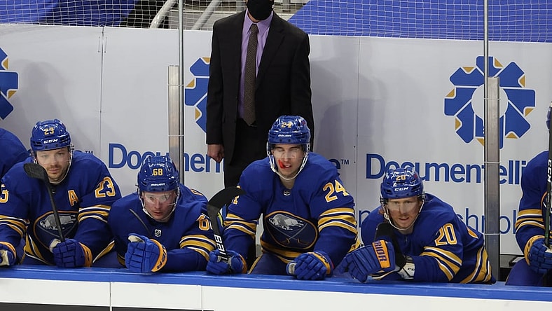 May 3, 2021; Buffalo, New York, USA;  Buffalo Sabres head coach Don Granato watches his team from the bench during the second period against the New York Islanders at KeyBank Center. Mandatory Credit: Timothy T. Ludwig-USA TODAY Sports