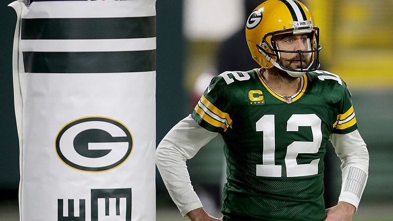 Green Bay Packers quarterback Aaron Rodgers (12) during the 3rd quarter of the Green Bay Packers 32-18 win over the Los Angeles Rams during the NFC divisional playoff game Saturday, Jan. 16, 2021, at Lambeau Field in Green Bay, Wis.

Packers Rams 04644