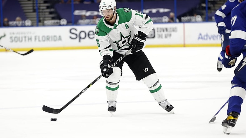 May 5, 2021; Tampa, Florida, USA; Dallas Stars left wing Blake Comeau (15) skates with the puck against the Tampa Bay Lightning during the second period at Amalie Arena. Mandatory Credit: Kim Klement-USA TODAY Sports