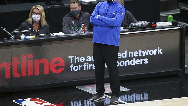 May 13, 2021; Atlanta, Georgia, USA; Orlando Magic head coach Steve Clifford looks on from the sideline against the Atlanta Hawks during the fourth quarter at State Farm Arena. Mandatory Credit: Brett Davis-USA TODAY Sports