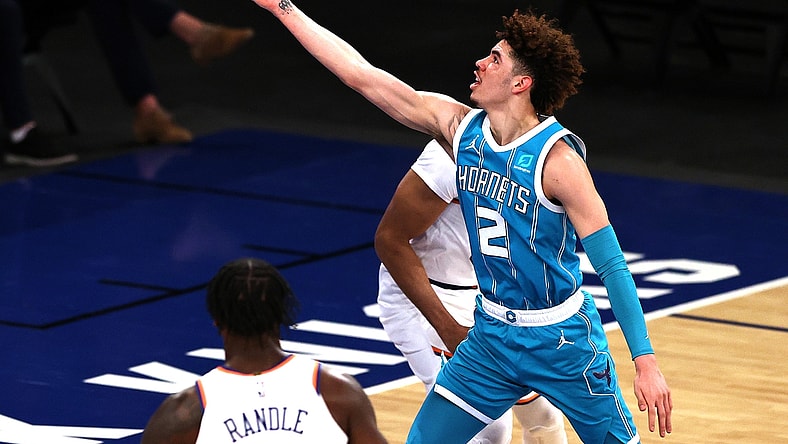 May 15, 2021; New York, New York, USA;   LaMelo Ball #2 of the Charlotte Hornets heads for the net in the second quarter at Madison Square Garden on May 15, 2021 in New York City. Mandatory Credit: Elsa/Pool Photo-USA TODAY Sports