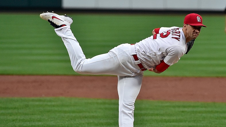 May 19, 2021; St. Louis, Missouri, USA;  St. Louis Cardinals starting pitcher Jack Flaherty (22) pitches during the second inning against the Pittsburgh Pirates at Busch Stadium. Mandatory Credit: Jeff Curry-USA TODAY Sports