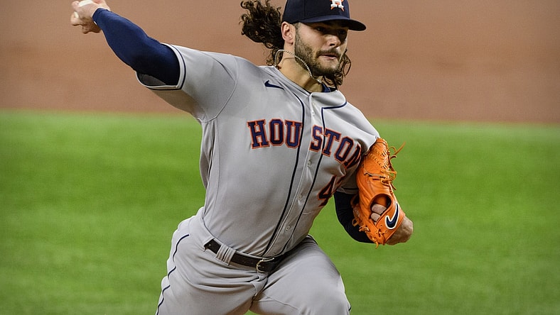 May 22, 2021; Arlington, Texas, USA; Houston Astros starting pitcher Lance McCullers Jr. (43) pitches against the Texas Rangers during the first inning at Globe Life Field. Mandatory Credit: Jerome Miron-USA TODAY Sports