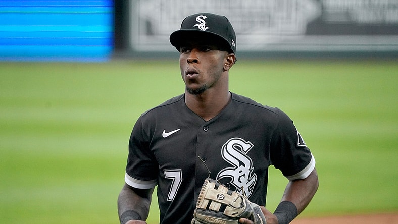 May 8, 2021; Kansas City, Missouri, USA; Chicago White Sox shortstop Tim Anderson (7) returns to the dugout during the game against the Kansas City Royals at Kauffman Stadium. Mandatory Credit: Denny Medley-USA TODAY Sports