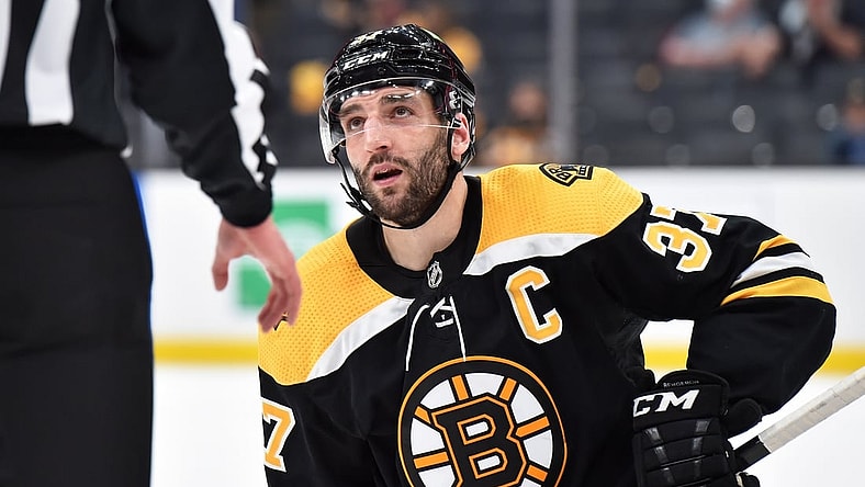 May 21, 2021; Boston, Massachusetts, USA; Boston Bruins center Patrice Bergeron (37) during the second period in game four of the first round of the 2021 Stanley Cup Playoffs against the Washington Capitals at TD Garden. Mandatory Credit: Bob DeChiara-USA TODAY Sports