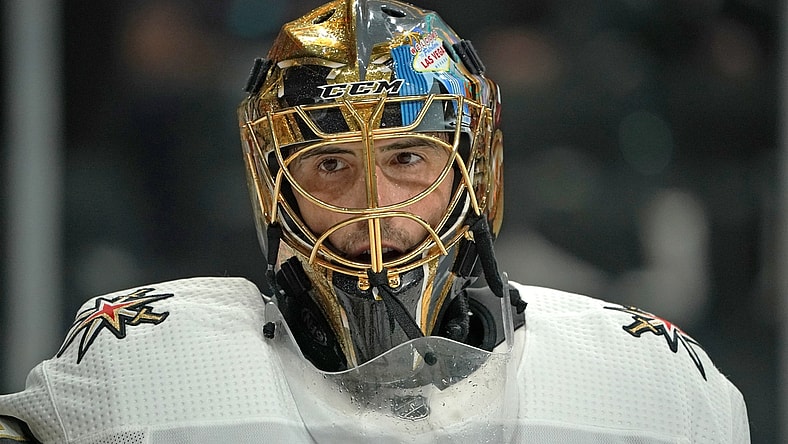 May 22, 2021; Saint Paul, Minnesota, USA; Vegas Golden Knights goalie Marc-Andre Fleury (29) takes a breather against the Minnesota Wild in game four of the first round of the 2021 Stanley Cup Playoffs at Xcel Energy Center. Mandatory Credit: Nick Wosika-USA TODAY Sports