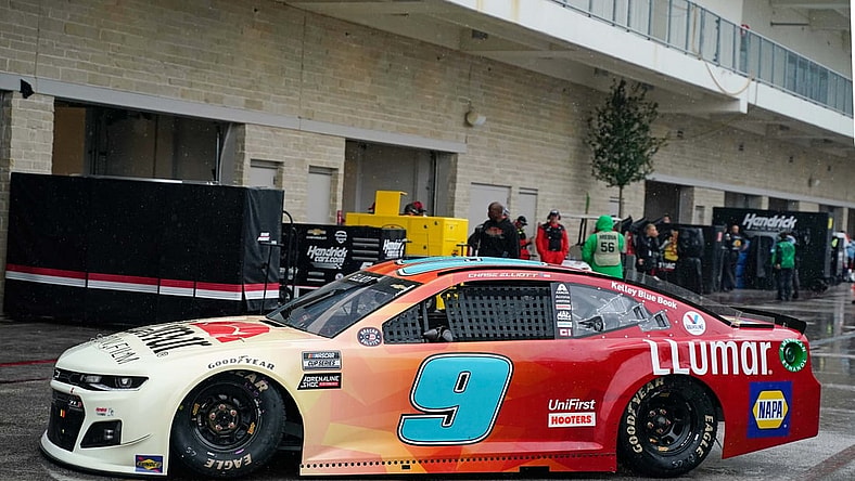 May 22, 2021; Austin, TX, USA; Chase Elliott (9) pulls out of garage for Nascar Cup Series practice at Circuit of the Americas. Mandatory Credit: Scott Wachter-USA TODAY Sports