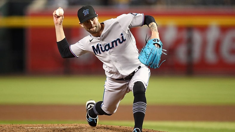 May 11, 2021; Phoenix, Arizona, USA; Miami Marlins pitcher Adam Cimber against the Arizona Diamondbacks at Chase Field. Mandatory Credit: Mark J. Rebilas-USA TODAY Sports