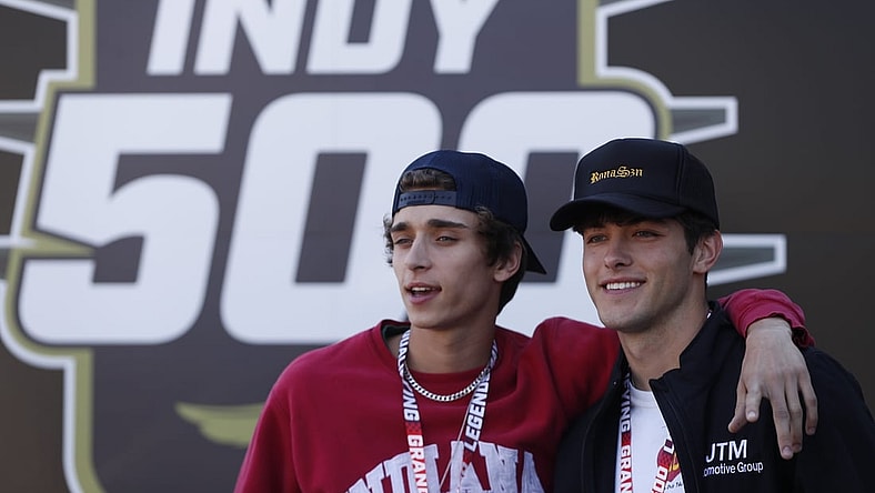 Josh Richards and Griffin Johnson, both part of the Sway Boys, pose for photos Sunday, May 30, 2021, during the 105th running of the Indianapolis 500 at Indianapolis Motor Speedway.