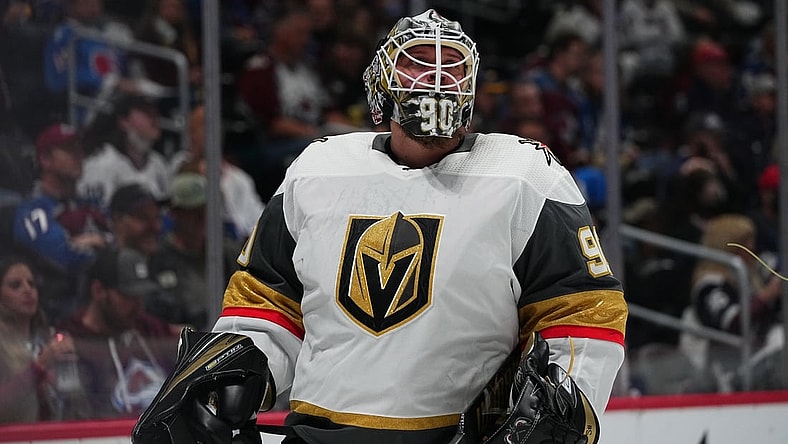 May 30, 2021; Denver, Colorado, USA; Vegas Golden Knights goaltender Robin Lehner (90) looks on after giving up a goal to the Colorado Avalanche during the first period of game one in the second round of the 2021 Stanley Cup Playoffs at Ball Arena. Mandatory Credit: Ron Chenoy-USA TODAY Sports
