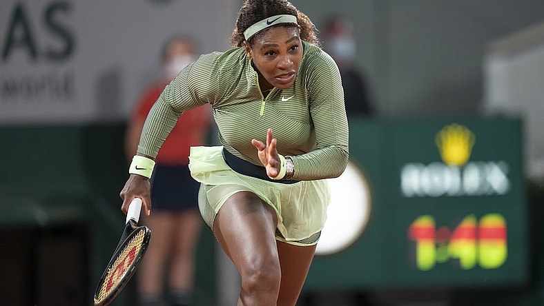 May 31, 2021; Paris, France; Serena Williams (USA) in action during her match against Irina-Camelia Begu (ROU) on day two at Roland Garros Stadium. Mandatory Credit: Susan Mullane-USA TODAY Sports
