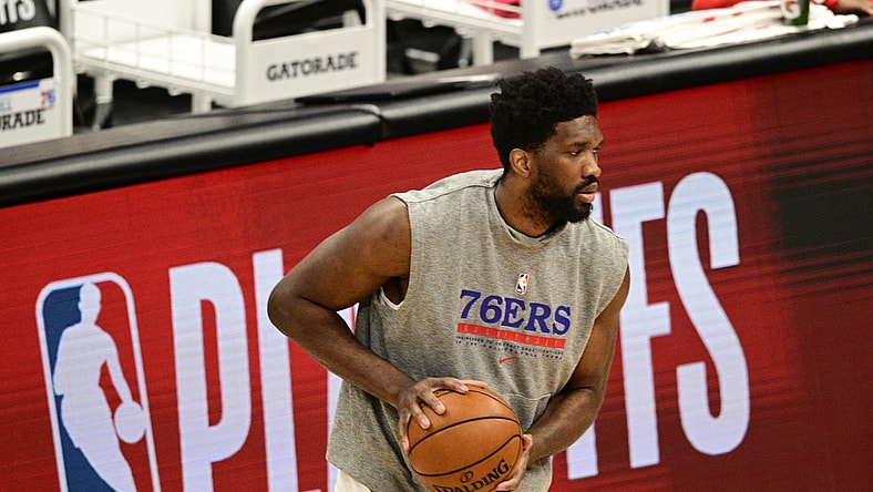 May 31, 2021; Washington, District of Columbia, USA; Philadelphia 76ers center Joel Embiid (21) warms up before the game four against the Washington Wizards in the first round of the 2021 NBA Playoffs. at Capital One Arena. Mandatory Credit: Tommy Gilligan-USA TODAY Sports