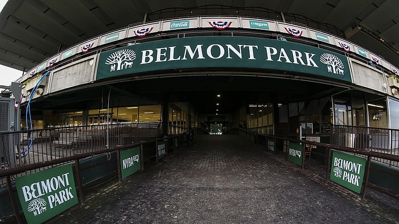 Jun 1, 2021; Elmont, New York, USA;  The paddock prior to the Tuesday morning workouts at Belmont Park. Mandatory Credit: Wendell Cruz-USA TODAY Sports