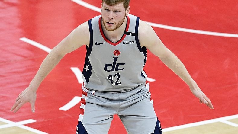 May 31, 2021; Washington, District of Columbia, USA; Washington Wizards forward Davis Bertans (42) during game four in the first round of the 2021 NBA Playoffs against the Philadelphia 76ers at Capital One Arena. Mandatory Credit: Tommy Gilligan-USA TODAY Sports
