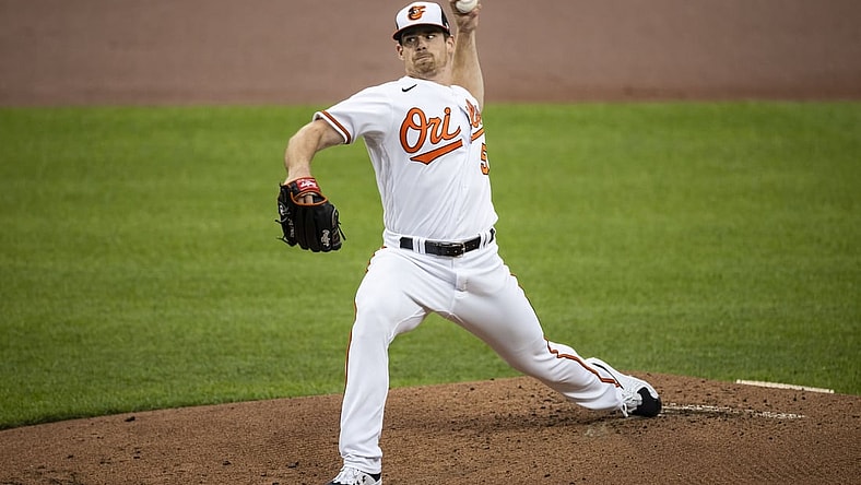 Jun 1, 2021; Baltimore, Maryland, USA; Baltimore Orioles starting pitcher Bruce Zimmermann (50) pitches against the Minnesota Twins during the first inning at Oriole Park at Camden Yards. Mandatory Credit: Scott Taetsch-USA TODAY Sports