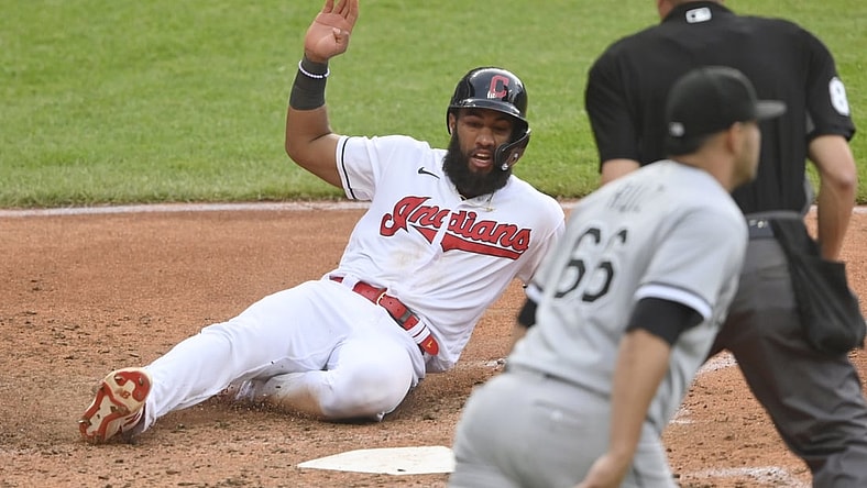 Jun 1, 2021; Cleveland, Ohio, USA; Cleveland Indians shortstop Amed Rosario (1) scores in the fourth inning against the Chicago White Sox at Progressive Field. Mandatory Credit: David Richard-USA TODAY Sports
