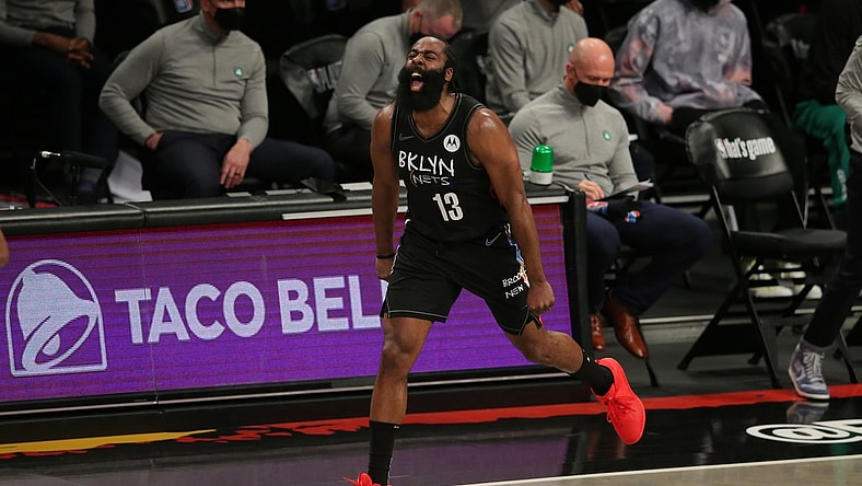 Jun 1, 2021; Brooklyn, New York, USA; Brooklyn Nets shooting guard James Harden (13) reacts after a basket against the Boston Celtics during the second quarter of game five of the first round of the 2021 NBA Playoffs at Barclays Center. Mandatory Credit: Brad Penner-USA TODAY Sports