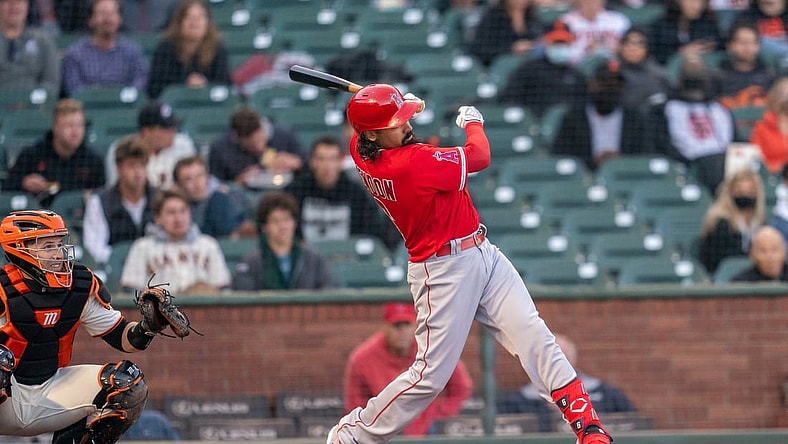 Jun 1, 2021; San Francisco, California, USA; Los Angeles Angels third baseman Anthony Rendon (6) hits a two run RBI single during the third inning against the San Francisco Giants at Oracle Park. Mandatory Credit: Neville E. Guard-USA TODAY Sports