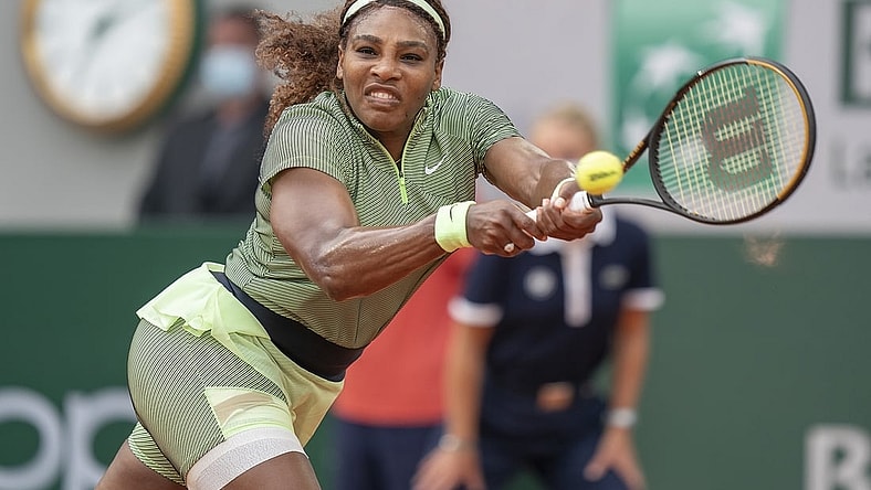 Jun 2, 2021; Paris, France;  Serena Williams (USA) in action during her match against Mihaela Buzarnescu (ROU) on day four of the French Open at Stade Roland Garros. Mandatory Credit: Susan Mullane-USA TODAY Sports