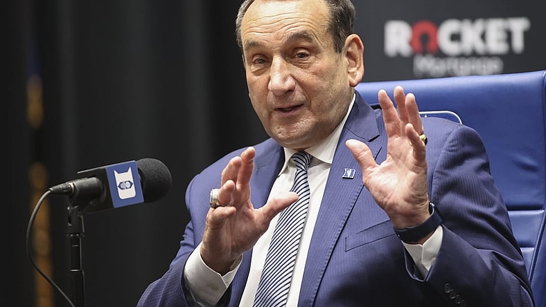 Jun 3, 2021; Durham, NC, USA; Duke Blue Devils basketball head coach Mike Krzyzewski answers a question at a press conference at Cameron Indoor Stadium announcing his plan to retire after the 2021-22 season. Mandatory Credit: Nell Redmond-USA TODAY Sports